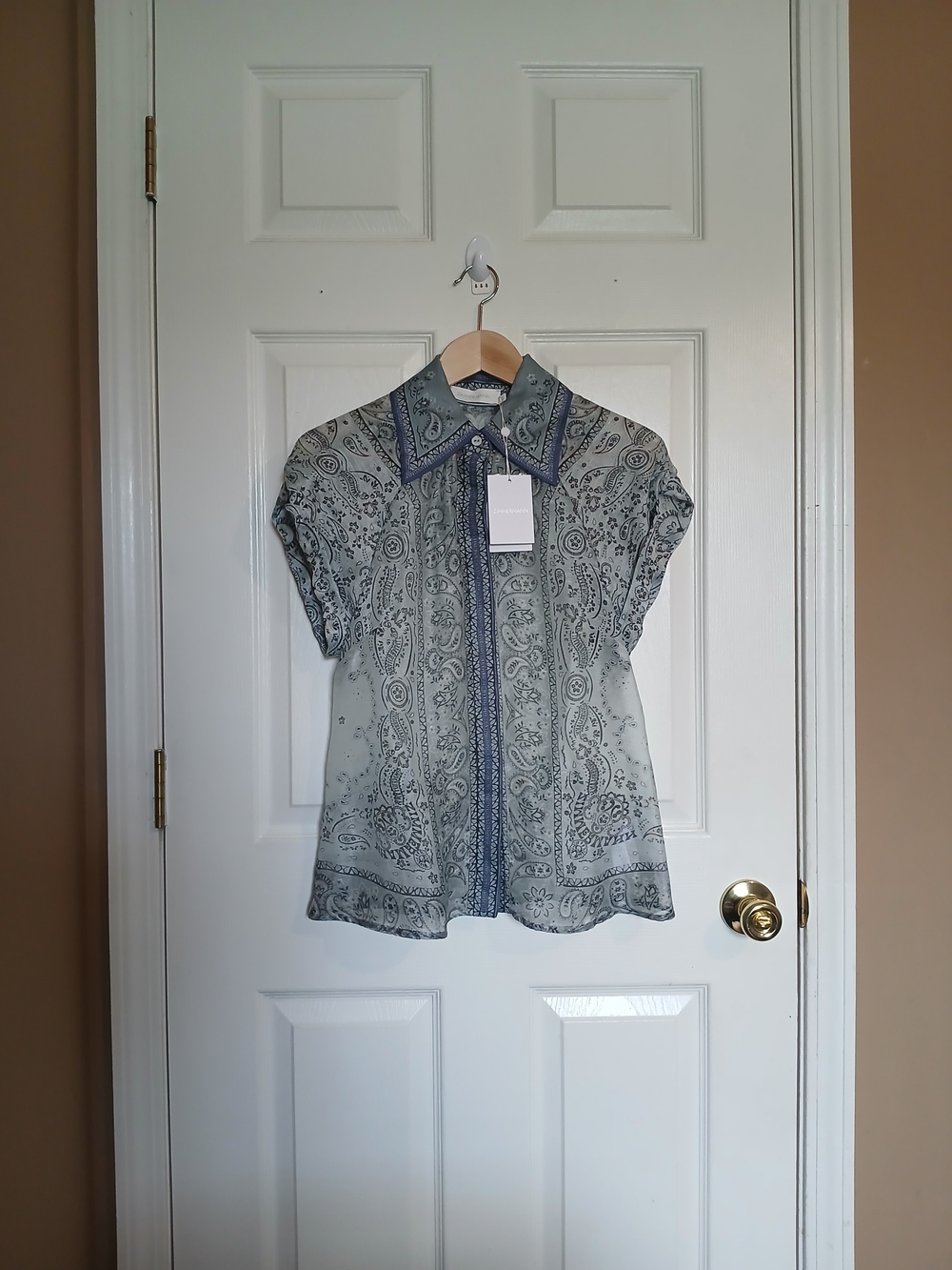 Paisley Print Short-Sleeve Button-Up Top - Blue